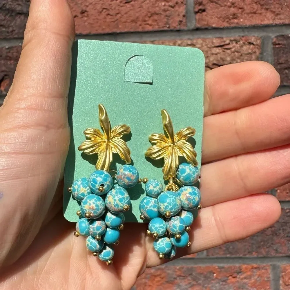 LuxuryTurquoise Stone Blue Leaf Grape Earrings